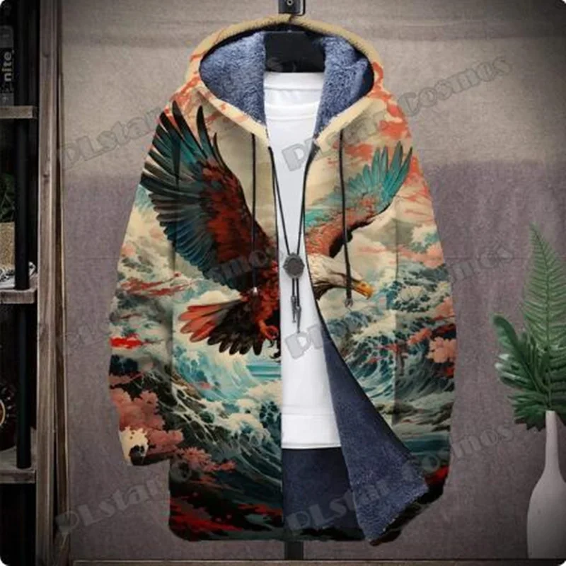 

New Men's fashion hooded jacket Eagle graffiti 3D printed zippered hooded jacket Winter Harajuku casual thick warm jacket
