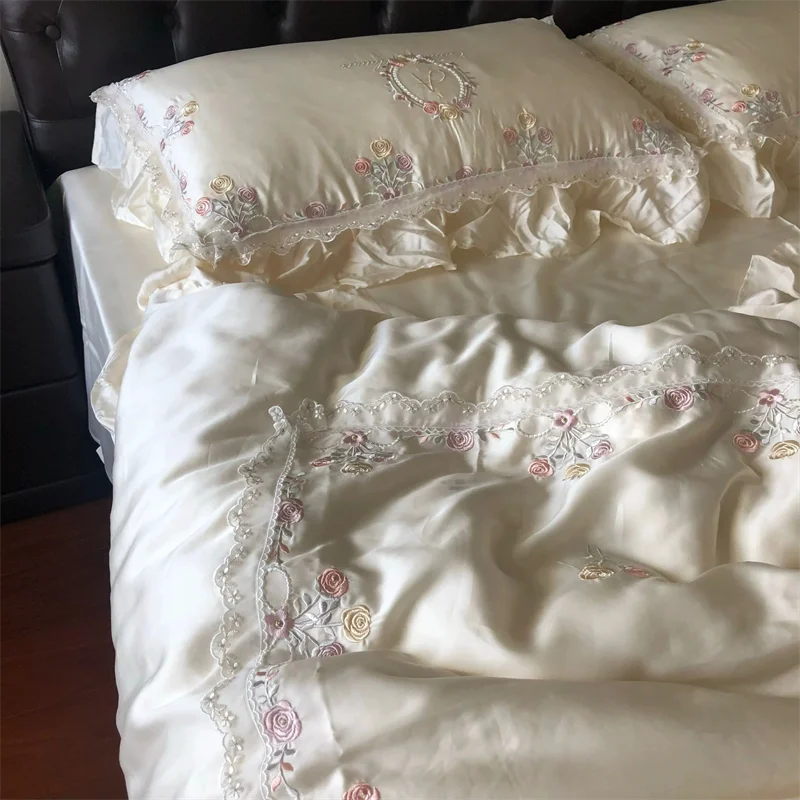 800TC Lyocell Bamboo Fiber Soft Silky Bedding Set Rose Floral Embroidery Lace Ruffles Duvet Cover Flat/Fitted Sheet Pillowcases 3