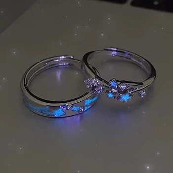 2Pc Luminous Star Adjustable Finger Ring Vintage Luxury Love Couples Rings Glow In Dark Y2K Jewelry Valentine's Day Gift 1