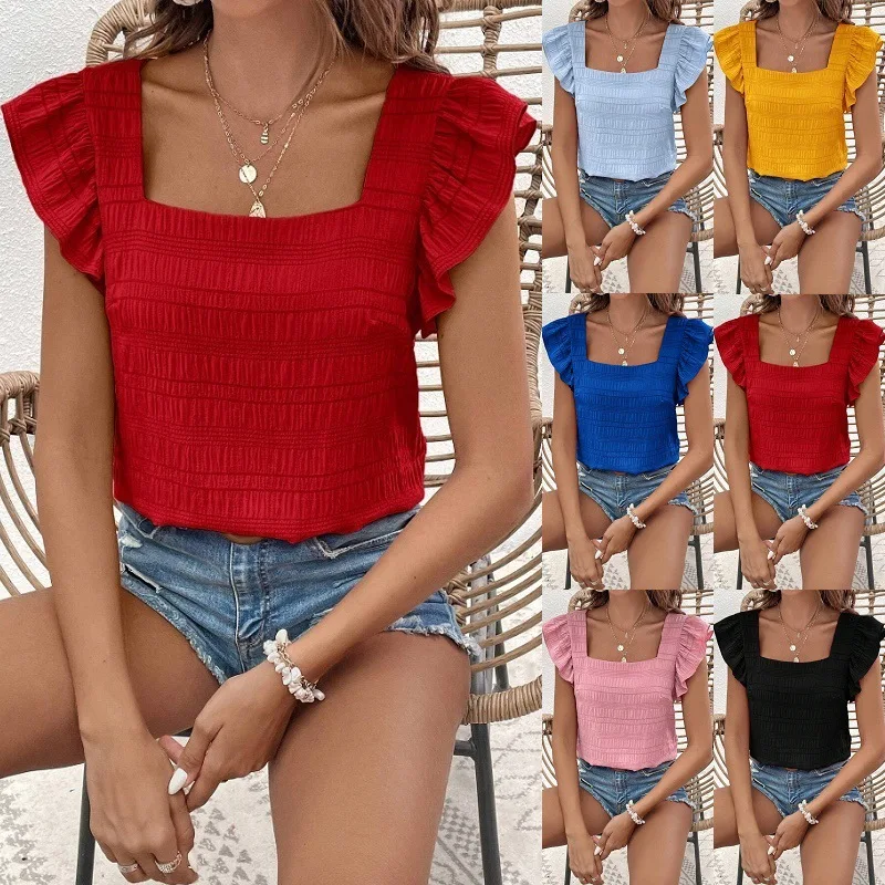 Solid Color Casual Blouses For Women Fashion 2025 Summer Fashion Women's Shirts Elegant Sweet Loose Ruffles Sleeve Female Tops