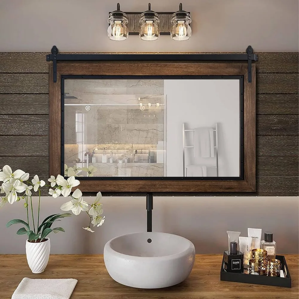 48"x30" Rustic Bathroom Mirror, Wood Frame Wall Mirror, Wooden Mirror for Living Room Bedroom Entryway Wall D&eacute;cor