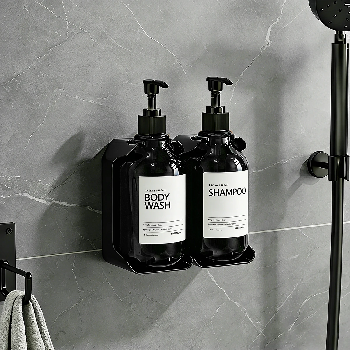 2 or 3 Chamber Shampoo and Conditioner Dispenser Set - No Drill Minimalist Bathroom Organizer, 16oz Refillable Pump Bottles - Image 5