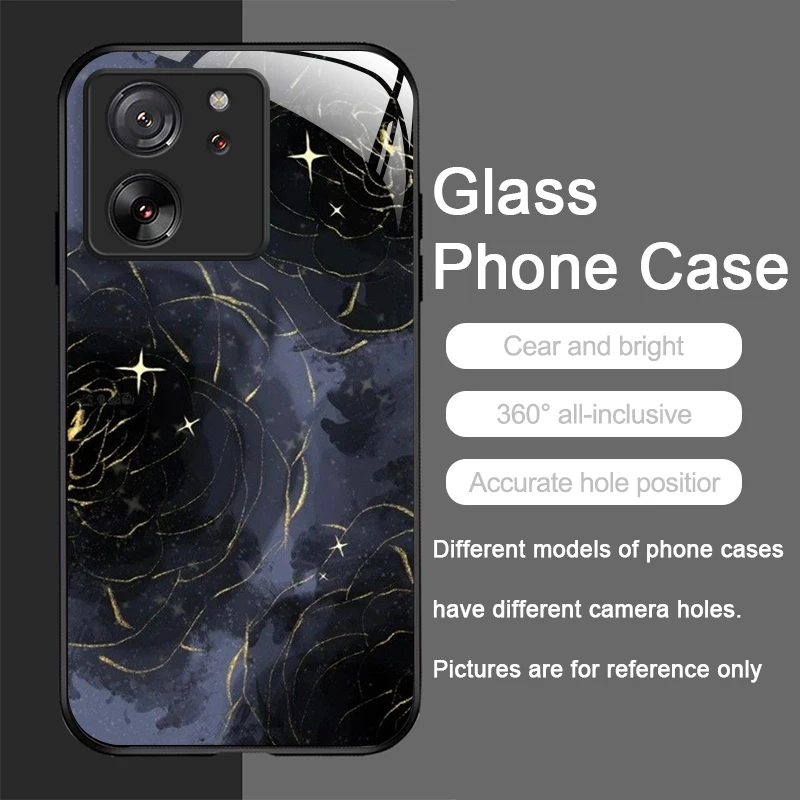 Luxury Black Rose Flower Tempered Glass Phone Case - Elegant Hard Cover