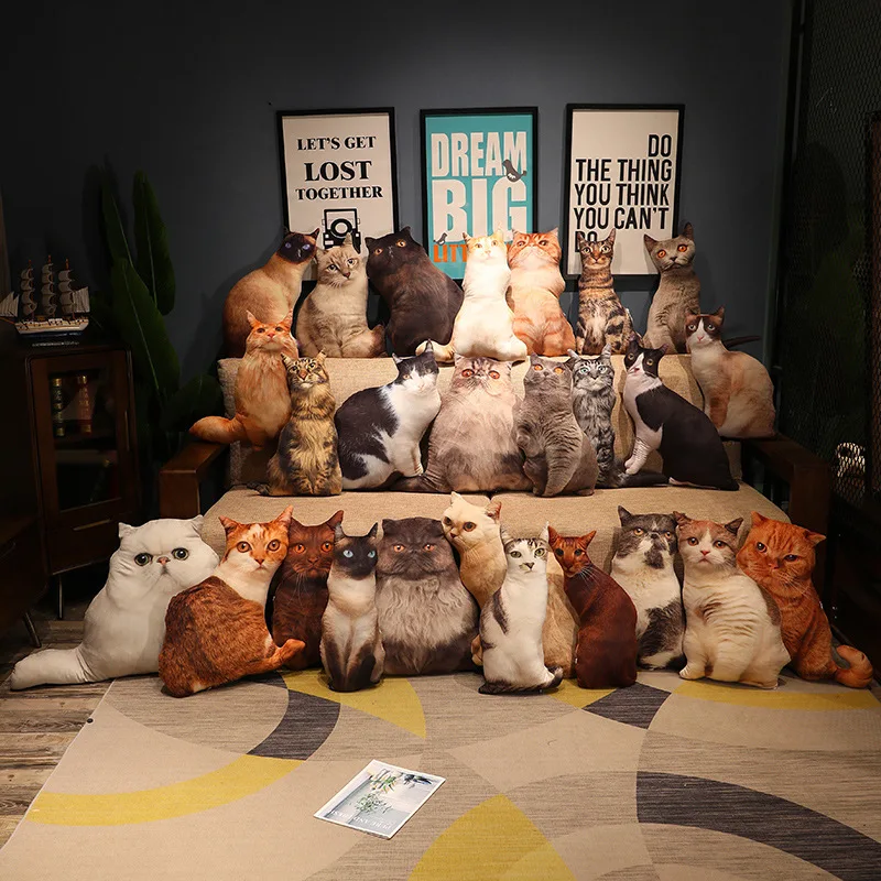 Simulation Cat Plush Throw Pillow Toy Real Life 3D Stuffed Animals Kitten Plushies Doll Cushion Cartoon Soft Kids Toys for Girls 3
