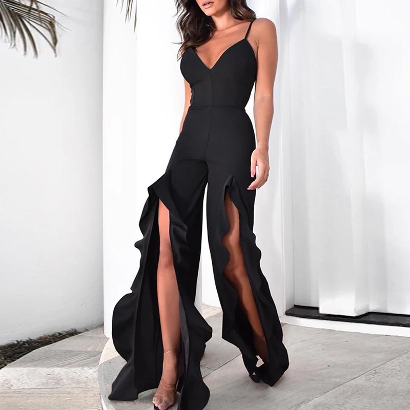 

Sexy Women's Jumpsuit Commute Sleeveless Sling Deep V-neck Solid Bodysuit Fashion Irregular Split Ruffle Office Party Overall