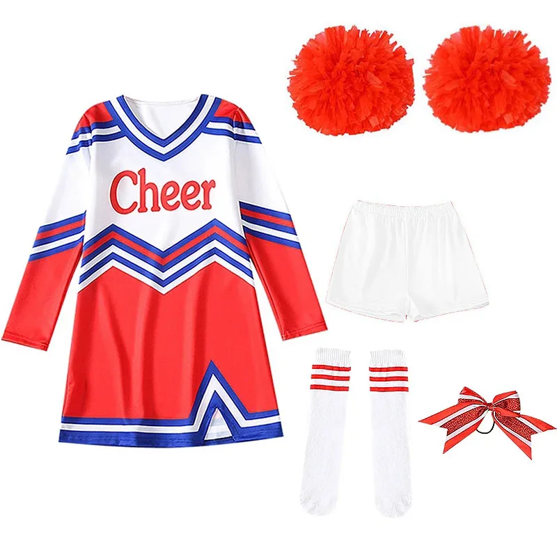 Girls Women Cosplay Costume Cheerleader Outfits V Neckline Letter Print Patchwork Style Dance Dress Cheerlead pompoms Socks