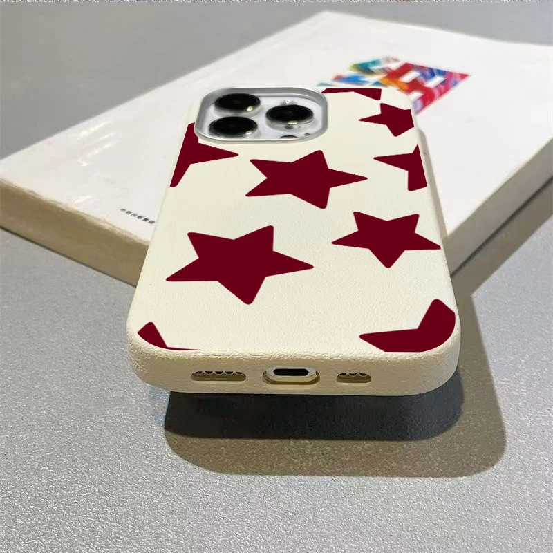 Red Stars Lychee Pattern Soft Phone Case Cover