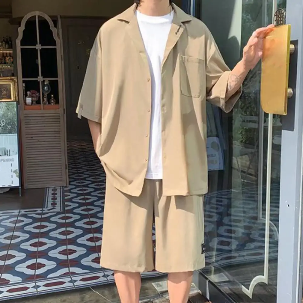 

Men Top Shorts Solid Color Shirt Short Pants Single Breasted Two Pieces Set Summer Thin Turdown Collar Outfit for Beach