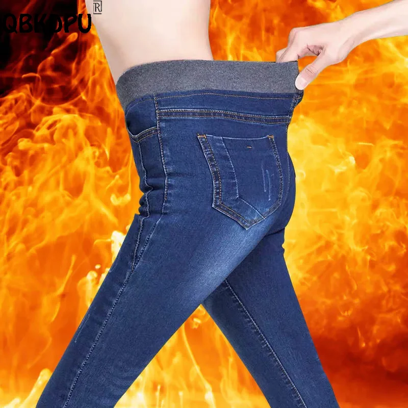 Plus Velvet Winter Stretch Jeans Women Oversize 38 High Waist Denim Leggings Casual Cowboy Skinny Pants Fall Thick Warm Vaqueros