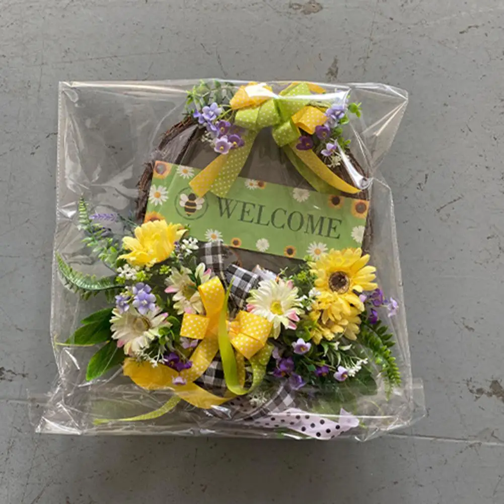 

Welcome Wreath Spring Floral Wreath Garland for Front Door Garden Decoration Indoor Outdoor Welcome Sign with Bowknot Flowers