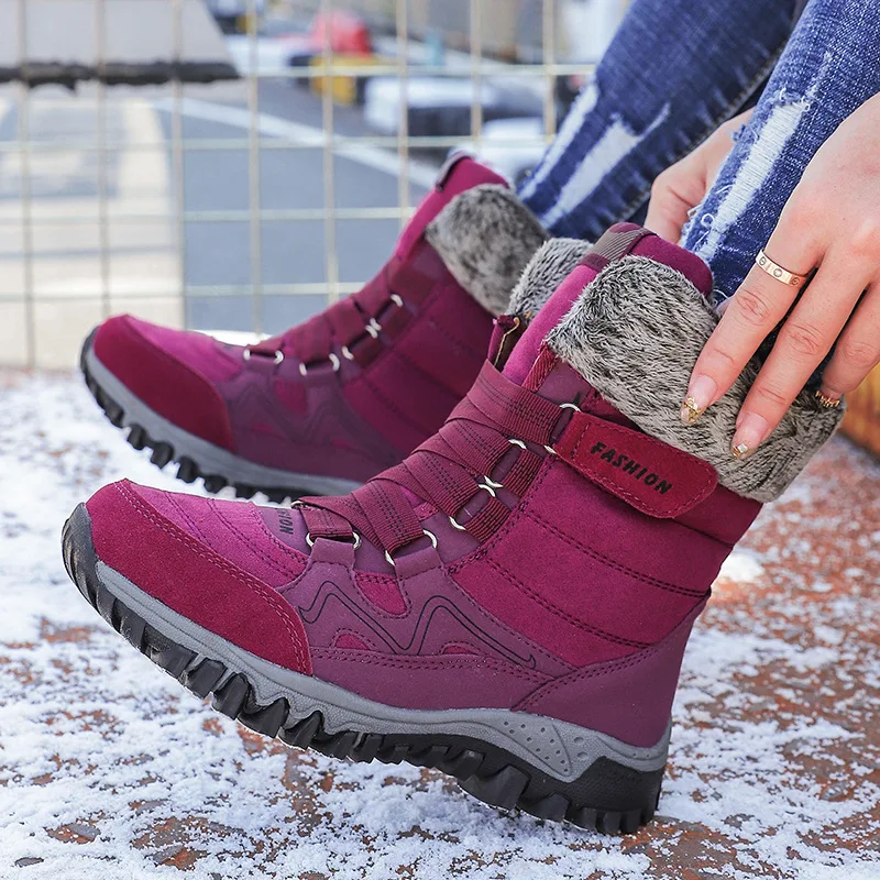 High quality genuine leather snow boots for women new 2023 winter size 41 42 outdoor plush warm walking shoe black grey red
