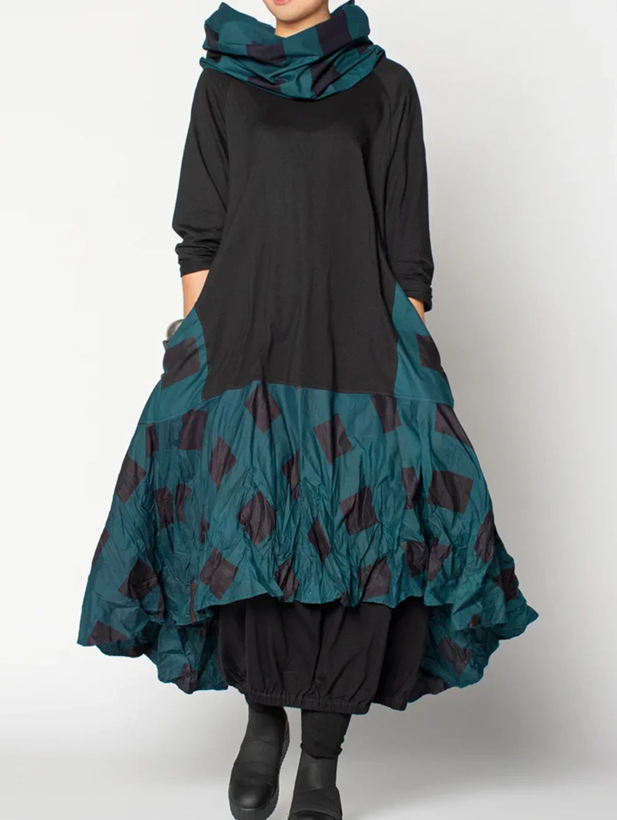 

Elegant Women Dress Long Sleeve Vintage Scarf Neck Layered Irregular Hem Dress Casual Autumn Pockets Patchwork Loose Long Dress