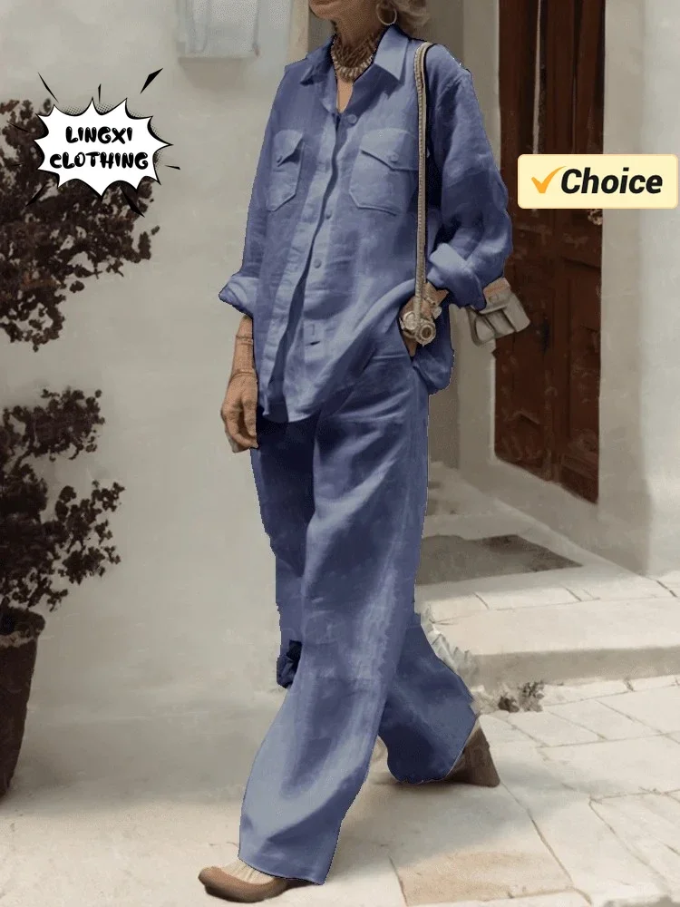 2024 Summer Fashion Women's New Style Matching Series Flip Collar Solid Color Pocket Shirt Wide Leg Pants Two Piece Set