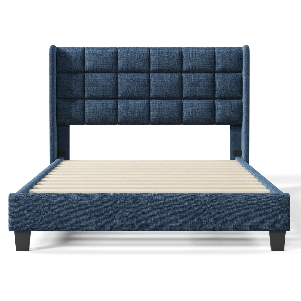 Modernes, mit Leinen gepolstertes Doppelbett, 140 x 200 cm – weich gepolstertes Bett mit Gitterkopfteil, stabile Unterstützung ohne Matratze – Detail 23