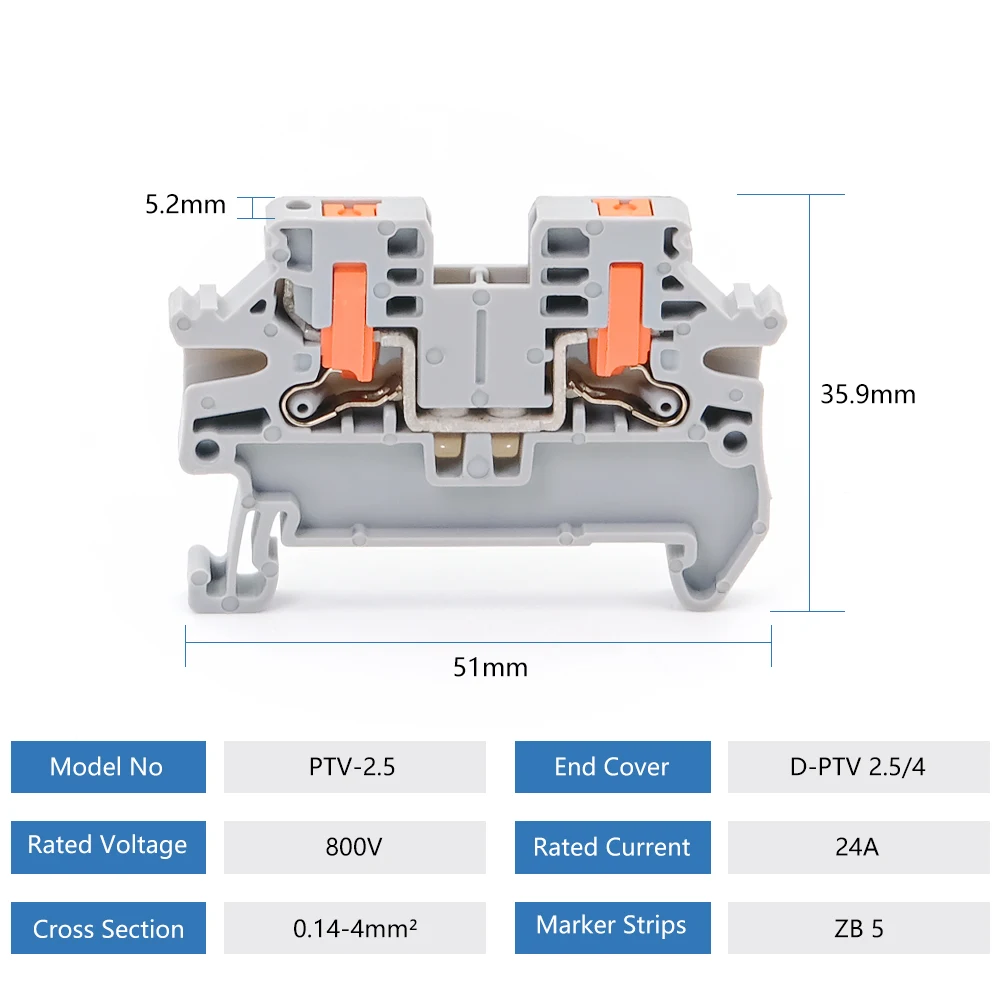10Pcs DIN Rail Terminal Block PTV-2.5 Push-In Terminal Connector Spring Side-Entry 2.5mm² Cable Wiring Conductor PTV2.5 5