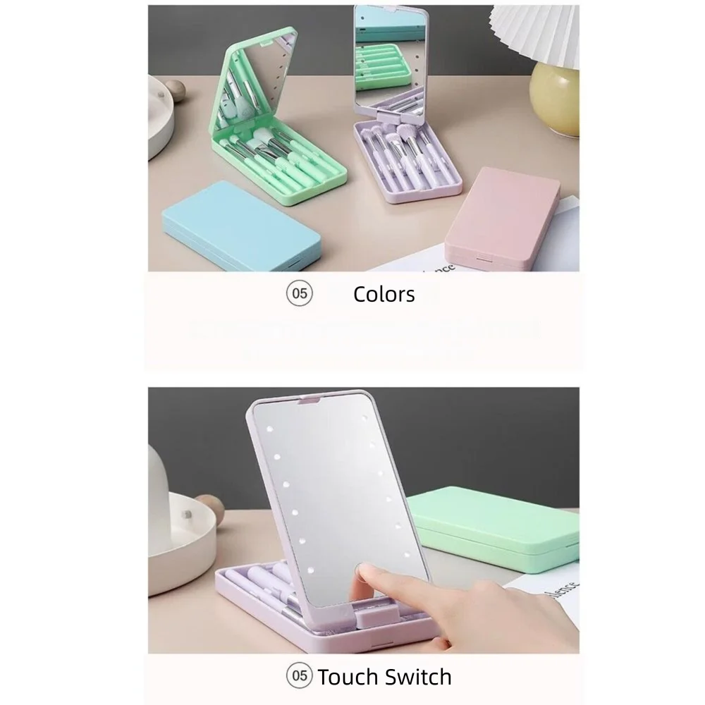 Rotatable Mirror Travel Makeup Brush with Light Adjustable Brightness USB Rechargeable LED Makeup Mirror Brush Set Foldable