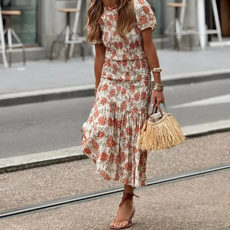 

Elegant Round Neck Short Sleeve Long Dress Women Fashion Floral Print Draped Party Dress 2024 Summer Casual Bohe Hip Wrap Dress