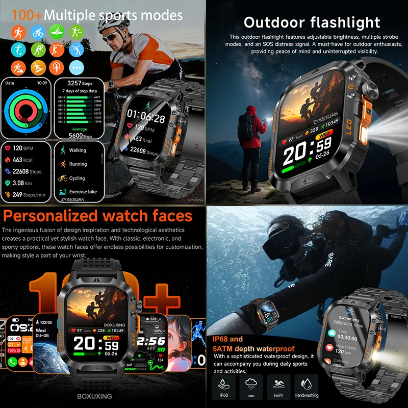 2026 New 1200 mAh Battery Military Smart Watch GPS Path 5ATM Waterproof Sports Run Tracker Outdoors Fitness Military Smartwatch 4