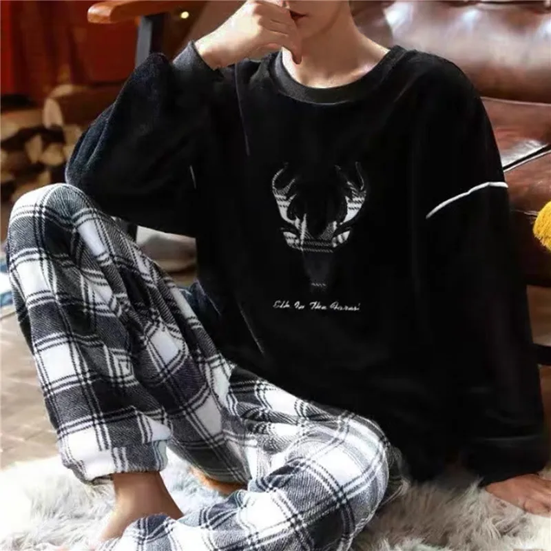 

Мужской зимний пижамный комплект, плюшевый дышащий Женский комплект из 2 предметов, бархатный теплый домашний костюм для отдыха