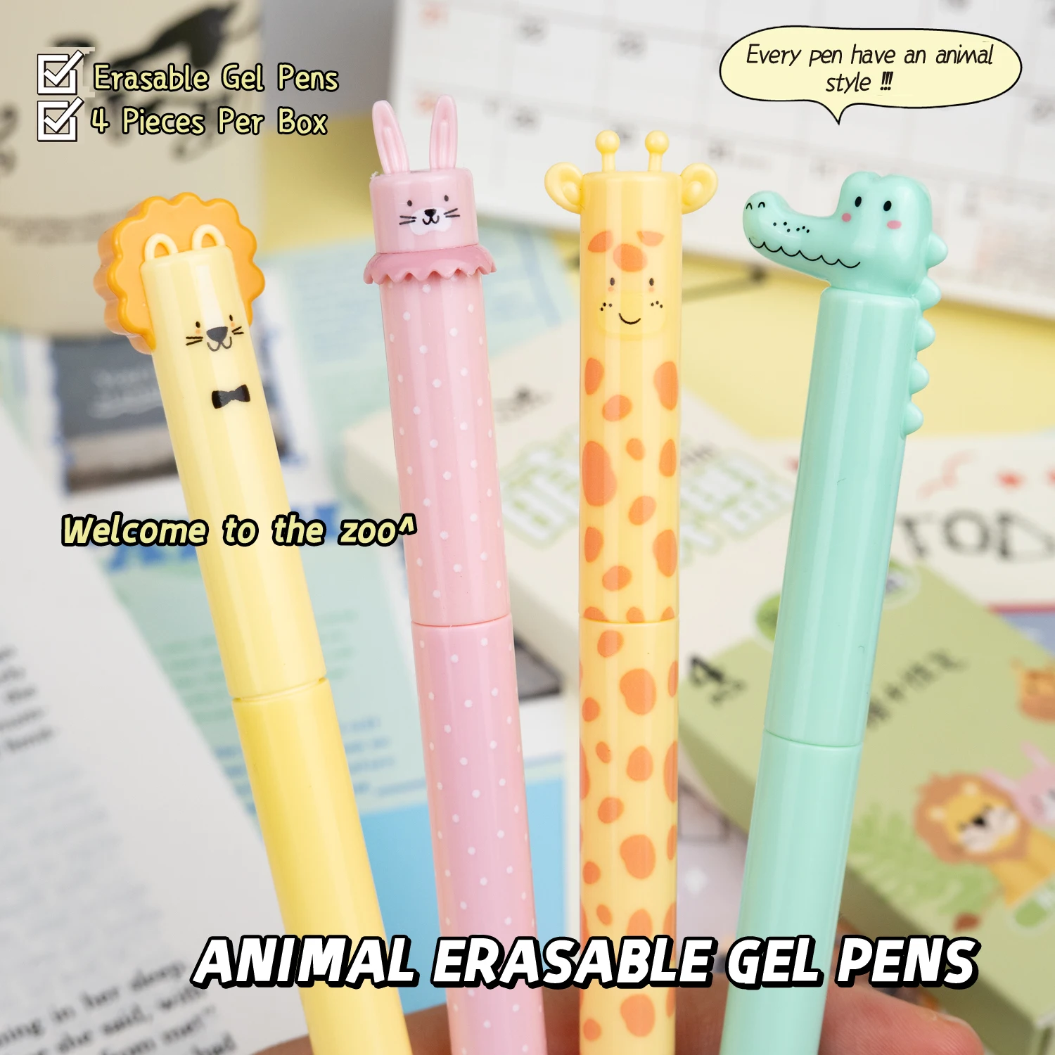 4 Pcs/Box Cute Cartoon Animal Erasable Pens 0.5mm Blue Ink Rotating Gel Pens for Kids School Student Writing Stationery