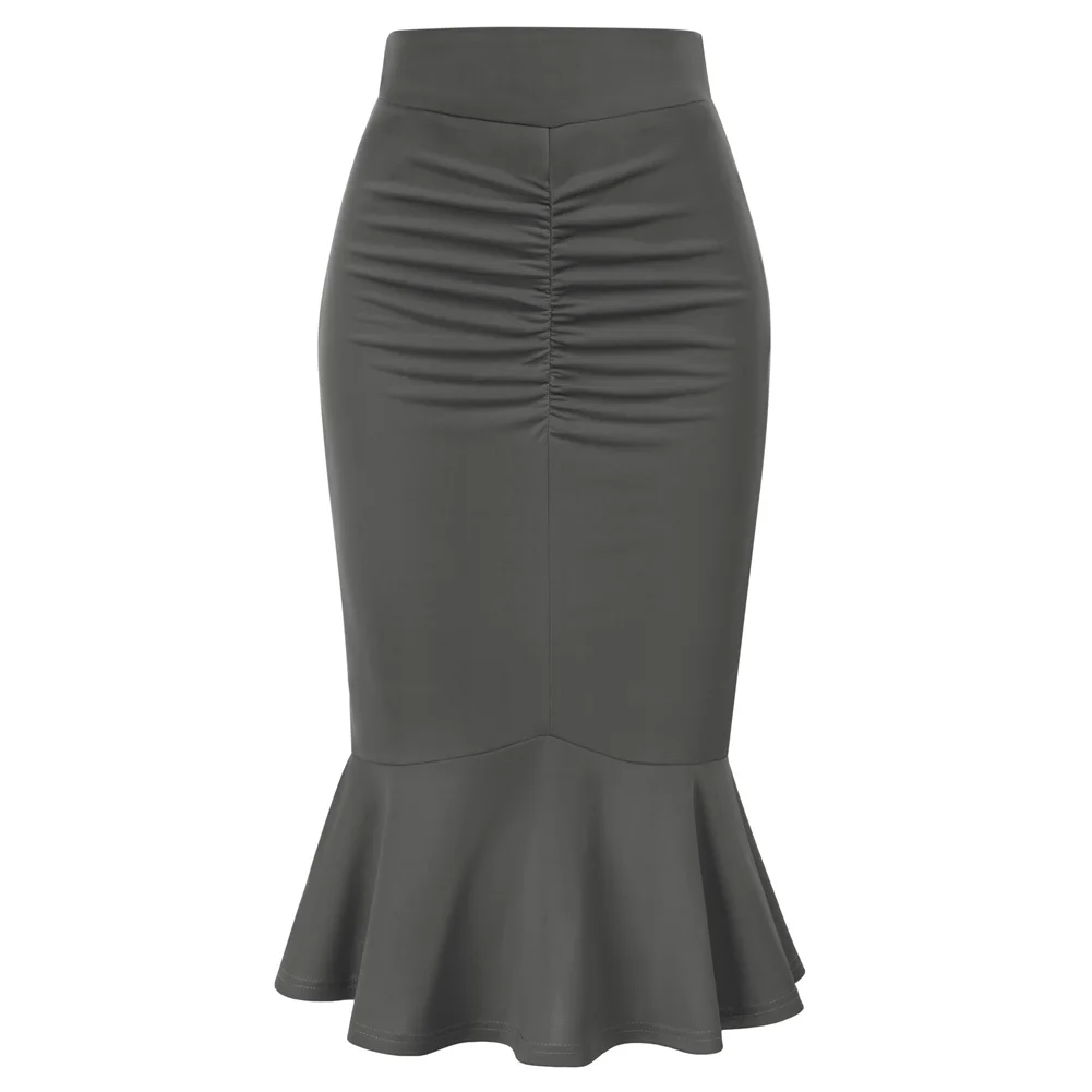 

BP Women Vintage Ruched Skirt Elastic High Waist Mermaid Hem Bodycon Skirt Slim Tight Mid Craf Office Lady Fishtail Skirt A50