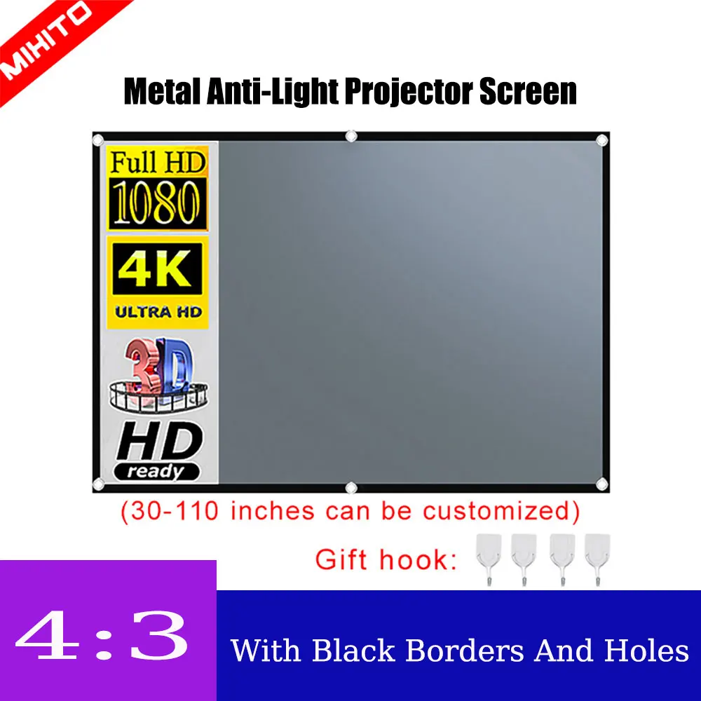 MIXITO 4:3 Projector Anti-Light Curtain 50 60 72 84 92 100 110inches 3d HD Portable Projection Screen With Holes Outdoor Indoor projector screen,projection screen