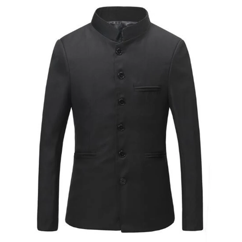 Solid Color Men Black Tunic Suit Jacket Mandarin Collar Single Breasted New Chinese Style Mens Dress Coat Zhongshan Jacket