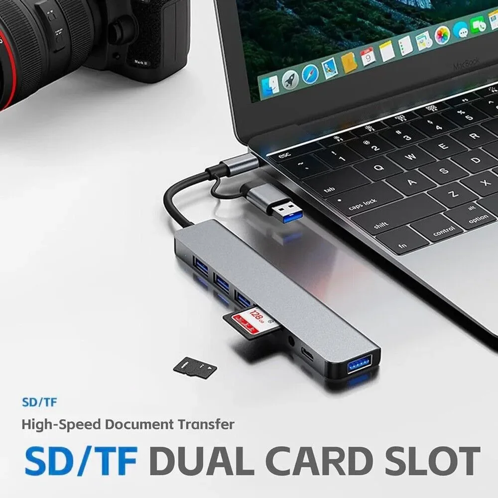 USB C Hub 8-in-2 USB Splitter 3.0/2.0 USB-C Data 3.5 Audio SD/TF Card Reader Multiport C HUB For MacBook Laptop