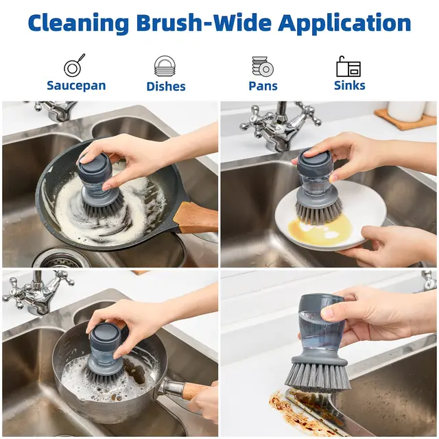 Leeseph Set of 2 Dish Brush with Soap Dispenser, Kitchen Dish Scrubbers Set with Draining Tray for Washing Dishes/Pots 4