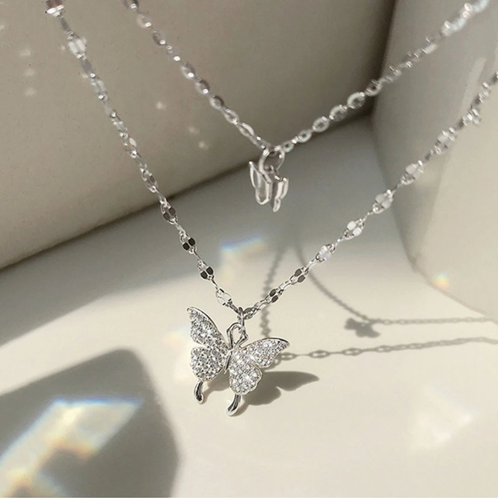 Silver Color Shiny Butterfly Necklace Female Exquisite Double Layer