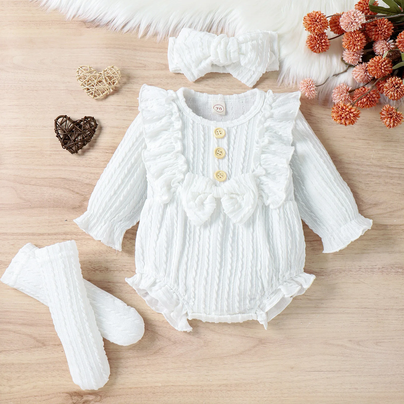 Infant Girls Ribbed Ruffles Long Sleeve Bowknot Romper Bodysuit Headbands Outfits Baby Clothes Mom Cotton Leotard Girls