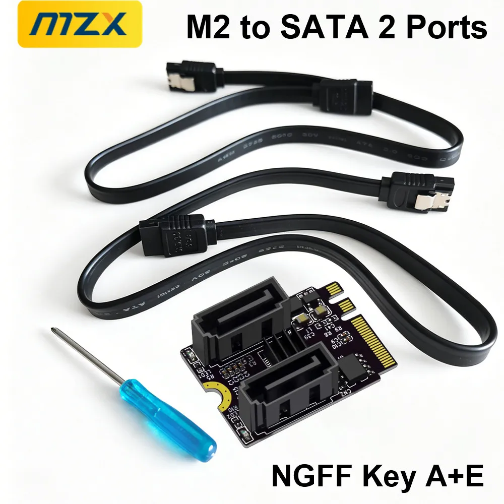 MZX M2 to 2xSATA3.0 NGFF 컨버터, SATA 3.0 라이저 카드 KEY A+E WIFI 확장 M.2 SSD HDD 하드 디스크 어댑터, 드라이버 불필요