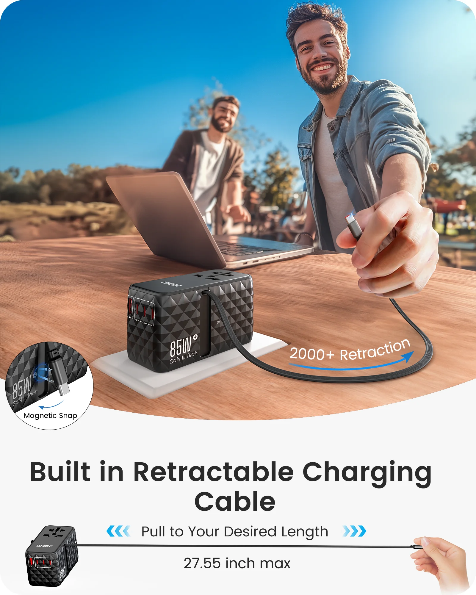 85W GaN Universal Travel Adapter 1USB-A +3 Type C +1USB-C +1Retractable USB-C Fast Charging plug adapter power plug adapter plug converter gan power adapter