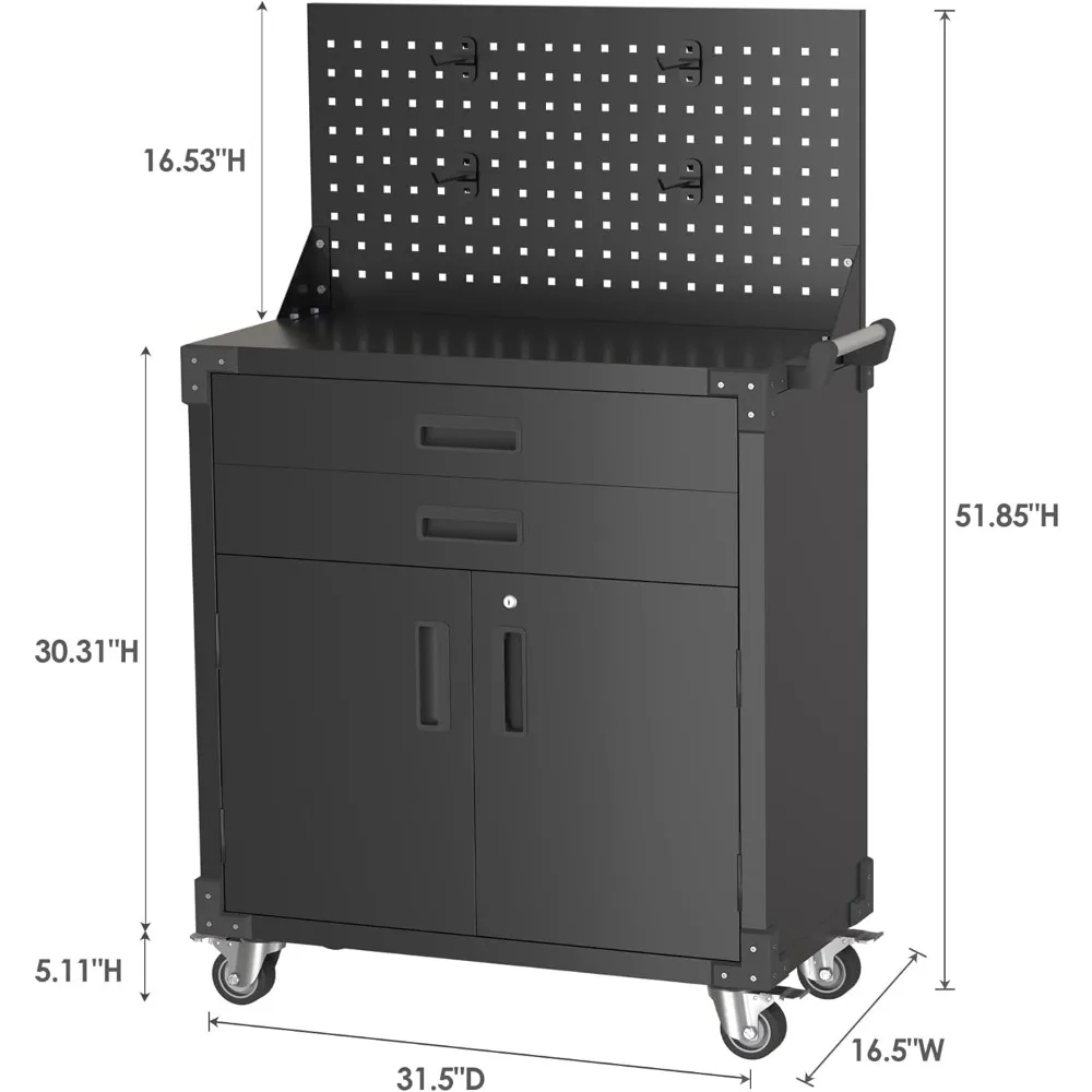 H Workbench Mobile Tool Cart,Garage Workbench with 4 Wheels,Metal Storage Cabinet with 2 Drawers&2 Doors and 1 Adjustable 2