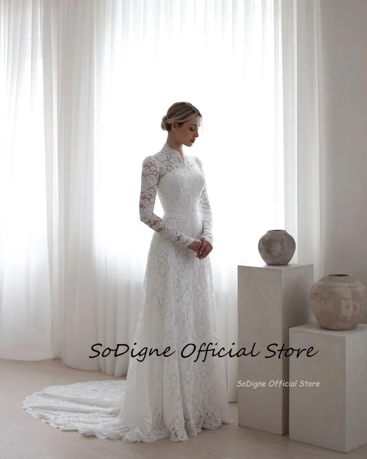 SoDigne Mermaid Lace Boho Wedding Dresses Full Sleeves Halter Bridal Dress Elegant Long Wedding Gown Custom Made 3