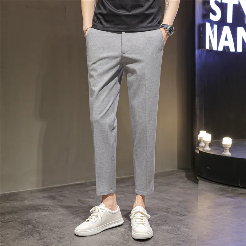 2025 Summer Thin Navy Blue Micro Elastic Ankle-Length Pants for Men, Khaki Small Footed Men's Casual Cropped Trousers,Asian Size 4