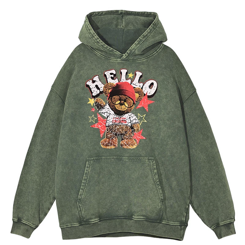 thumbnail image 1 of Sudadera con capucha retro desgastada Hello I Am Your Friend Ted Bear para hombre, estilo hip hop, informal, holgada, a la moda, 100 % algodón, 1 of 4