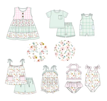 Ropa Baby New Cotton Short Sleeved T-shirt Set Round Neck Green Boy Top Clothes And Lattice Short Suit Girl Romper Swimming Suit