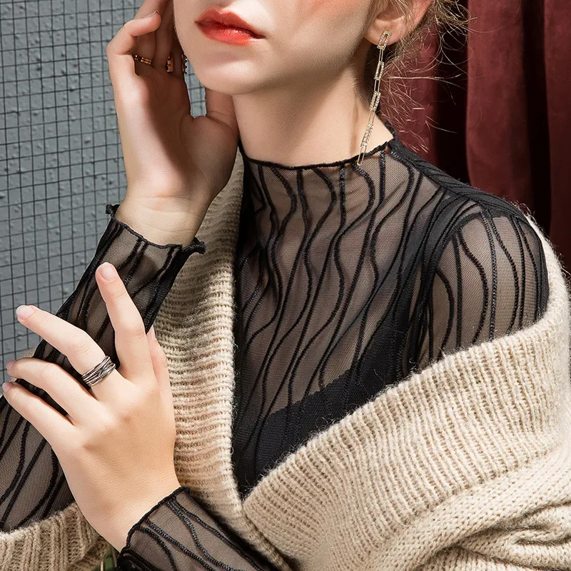 

HIgh Quality 2024 Women Tops Stripe Gauze Spring Summer T-shirt Female Splice Clothing Sexy Crop Top Clothes Casual Blouse Y2k