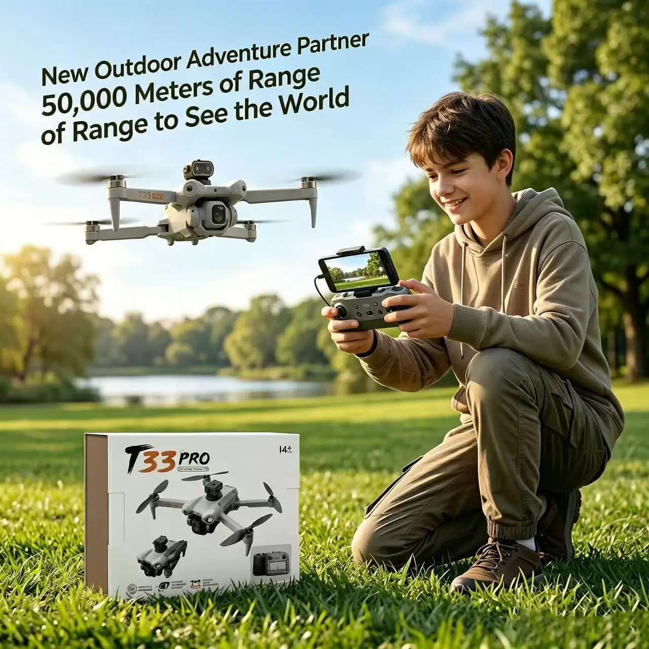 Vue rapprochée du drone Caméra 360° T33 8K VR montrant son système d'évitement d'obstacles