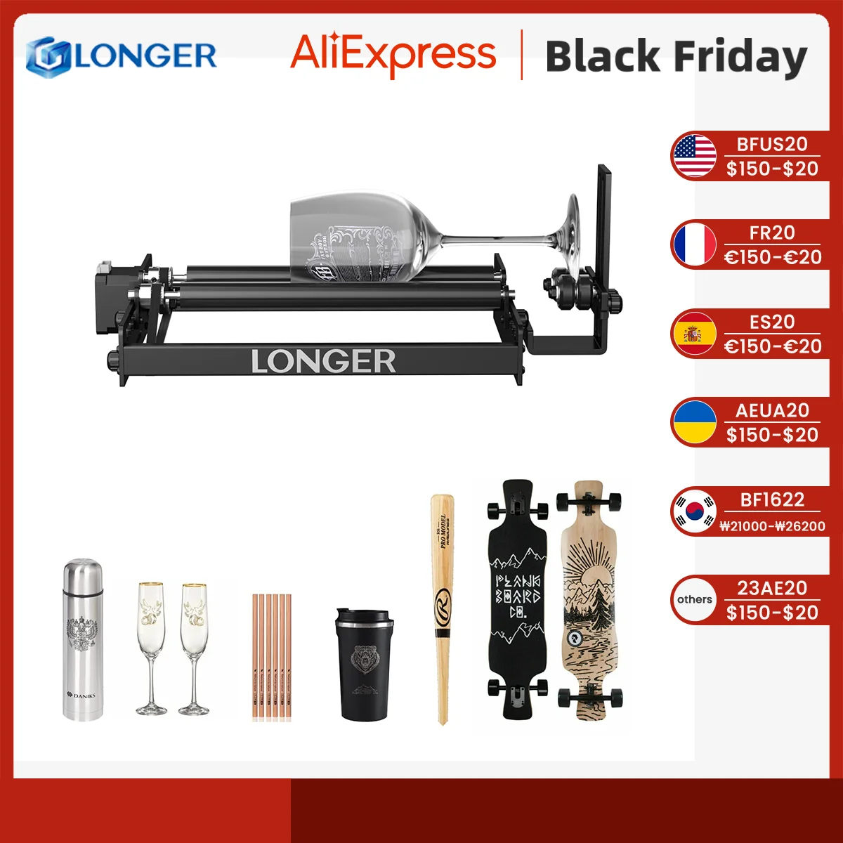 

Longer Laser Engraver Rotary Roller&Bracket, Y-axis 360° Rotation, 6-100mm Engraving Space