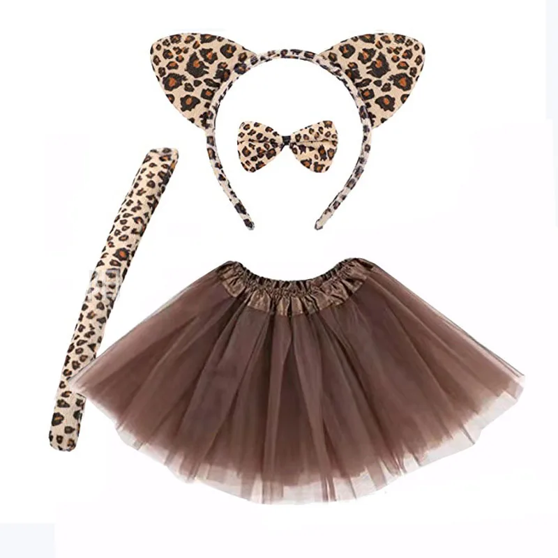 4 Pieces Cat  for Girls Kids Women Cheetah Ears Headband Tails Bow Tail Leopard Animals  Set   Halloween Costume Cosplay