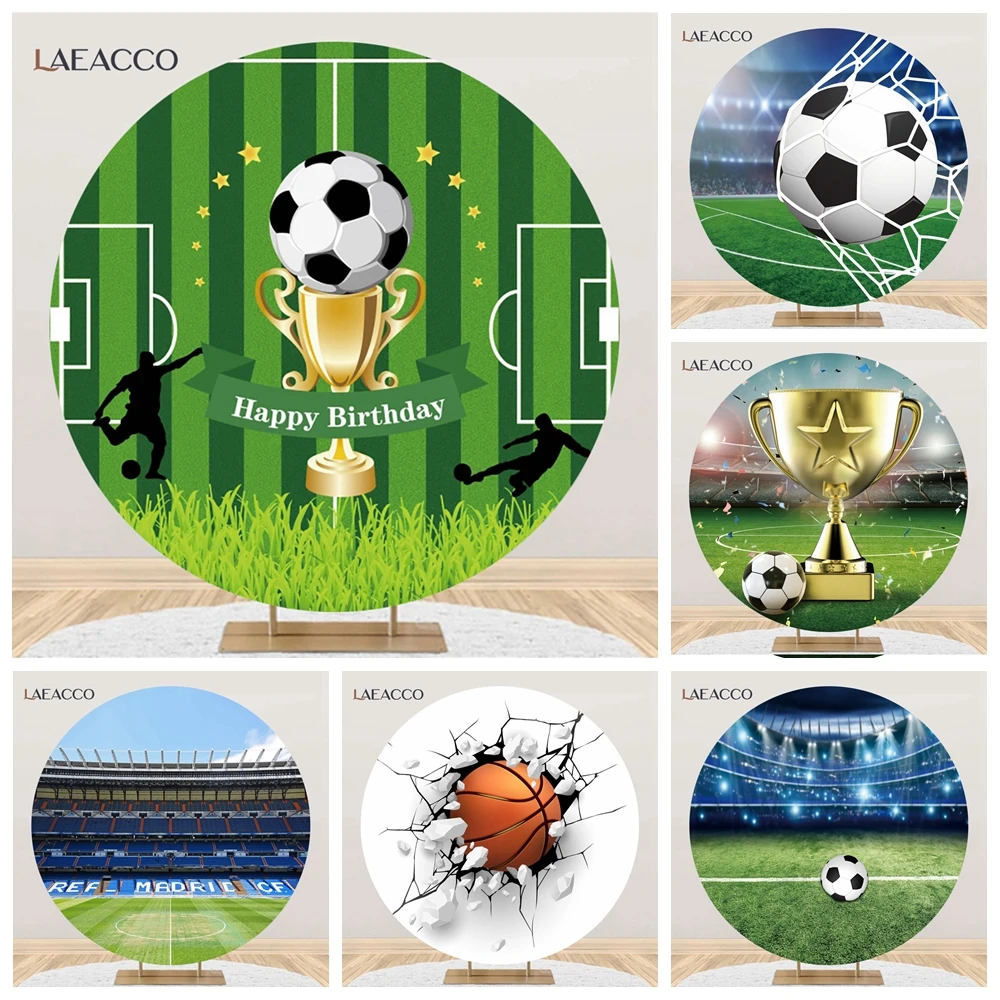 라운드 축구 사진 배경 축구 농구 스포츠 테마, 소년 생일 파티, 탄성 커버, 베..