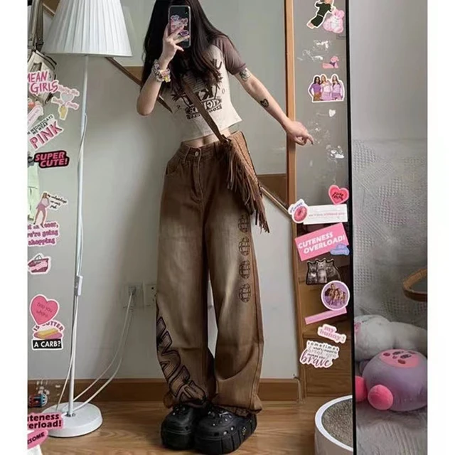 Low Waisted Y2k Grunge Baggy Jeans Harajuku Fairycore Cute Cargo Pants  Streetwear Casual Fashion Denim Trousers - Jeans - AliExpress