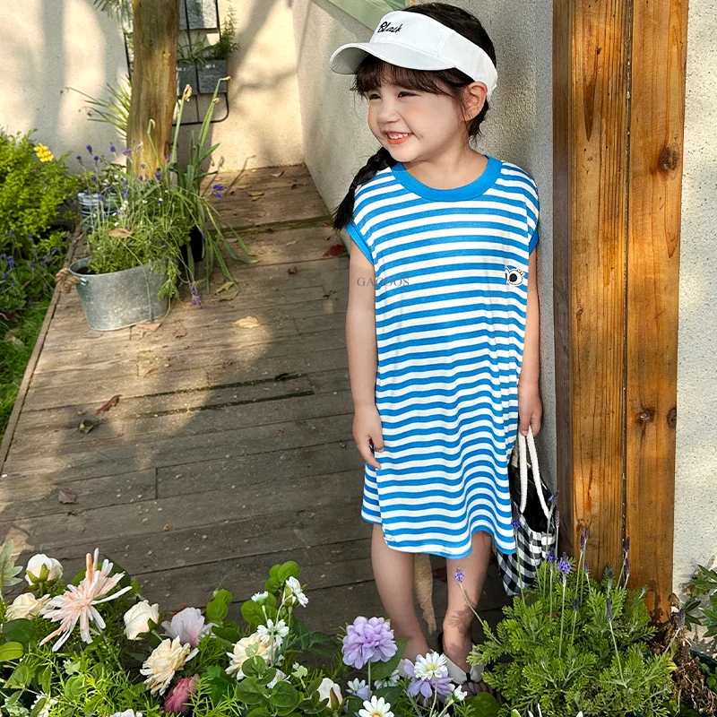 Summer Kids Baby Girls Sleeveless Stripe Causal Dress Modal Soft Dresses Outfits 2-12Y
