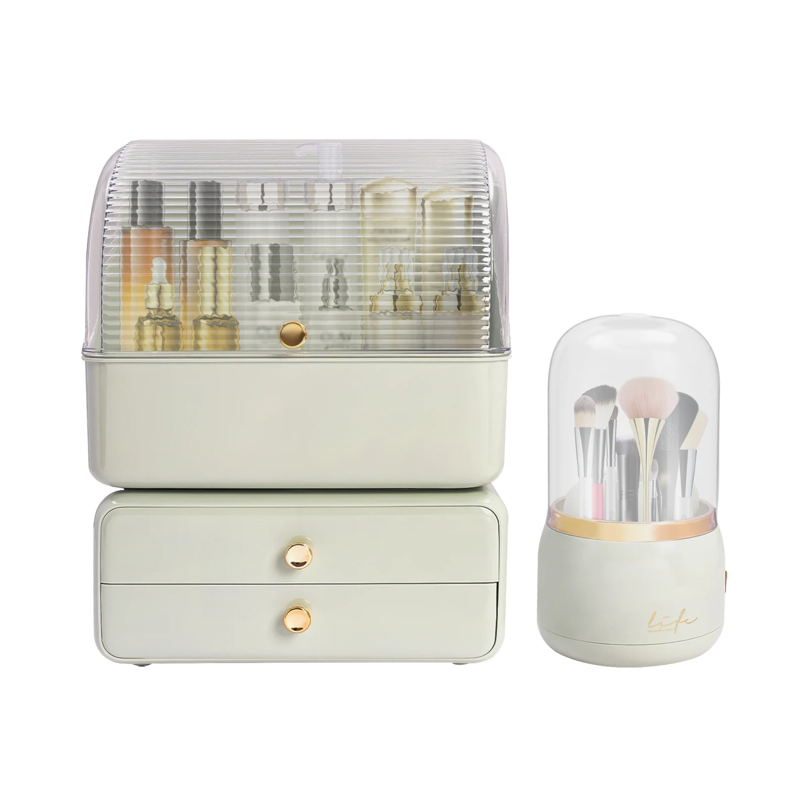 Makeup Organizer with Brush Holder and 2 Drawers, Space-Saving Design for Cosmetics, Jewelry, Easy Access and Storage 3
