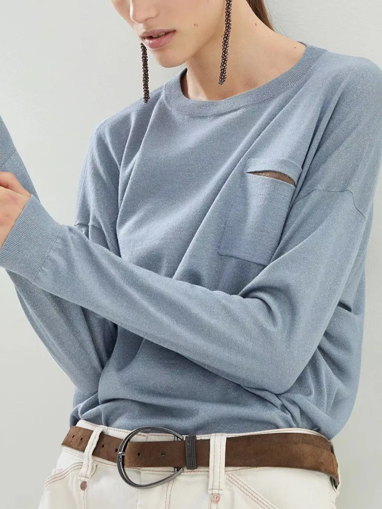 

Women Knit Thin Sweater Pullover Beading Slim Round Neck Female All-Match Knitted Jumper Tops 2023 Spring