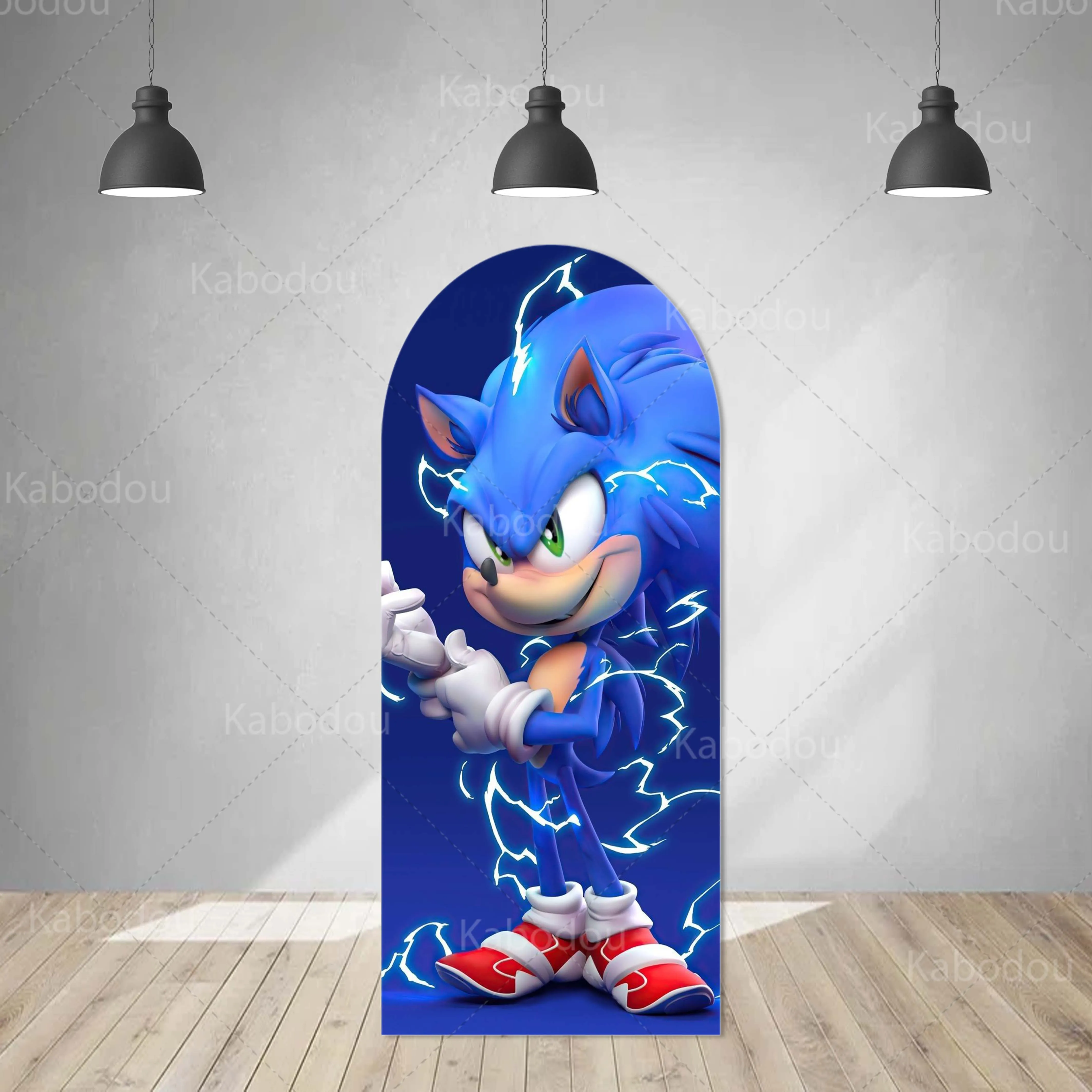 thumbnail image 1 of Fondo de arco de Sonics azul de doble cara para decoración de fiesta de cumpleaños de niños, fondo de fotografía con relámpagos, utilería de estudio de poliéster, 1 of 4