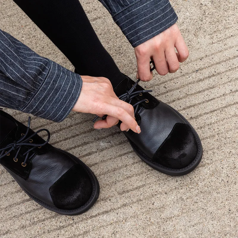 

Women Flats Basic Oxford Shoes On Med Heel Cowhide Patchwork Retro Simple Shoes Spring Atumn French Style Round Toe Daily Shoes