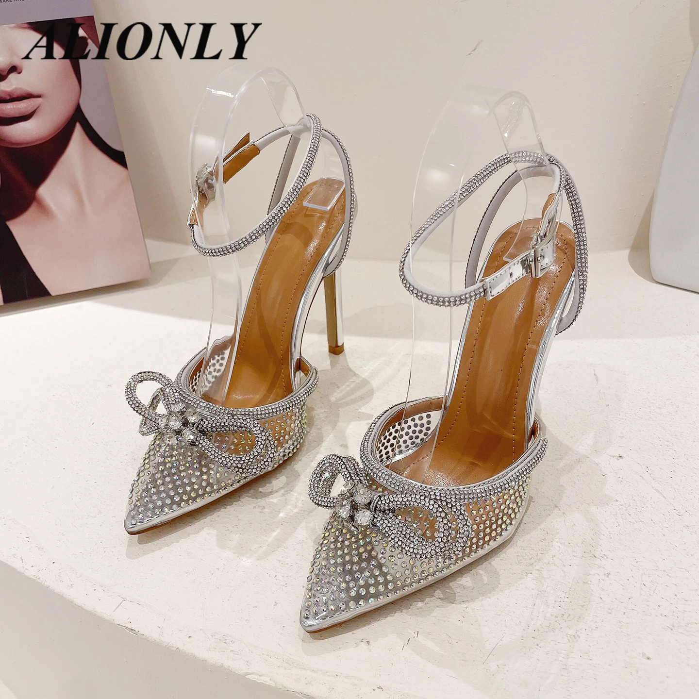 

Alionly 2023 New Women For Shoes Rhinestone Bow Pointed Transparent High-Heeled Sandals Chaussure Femme